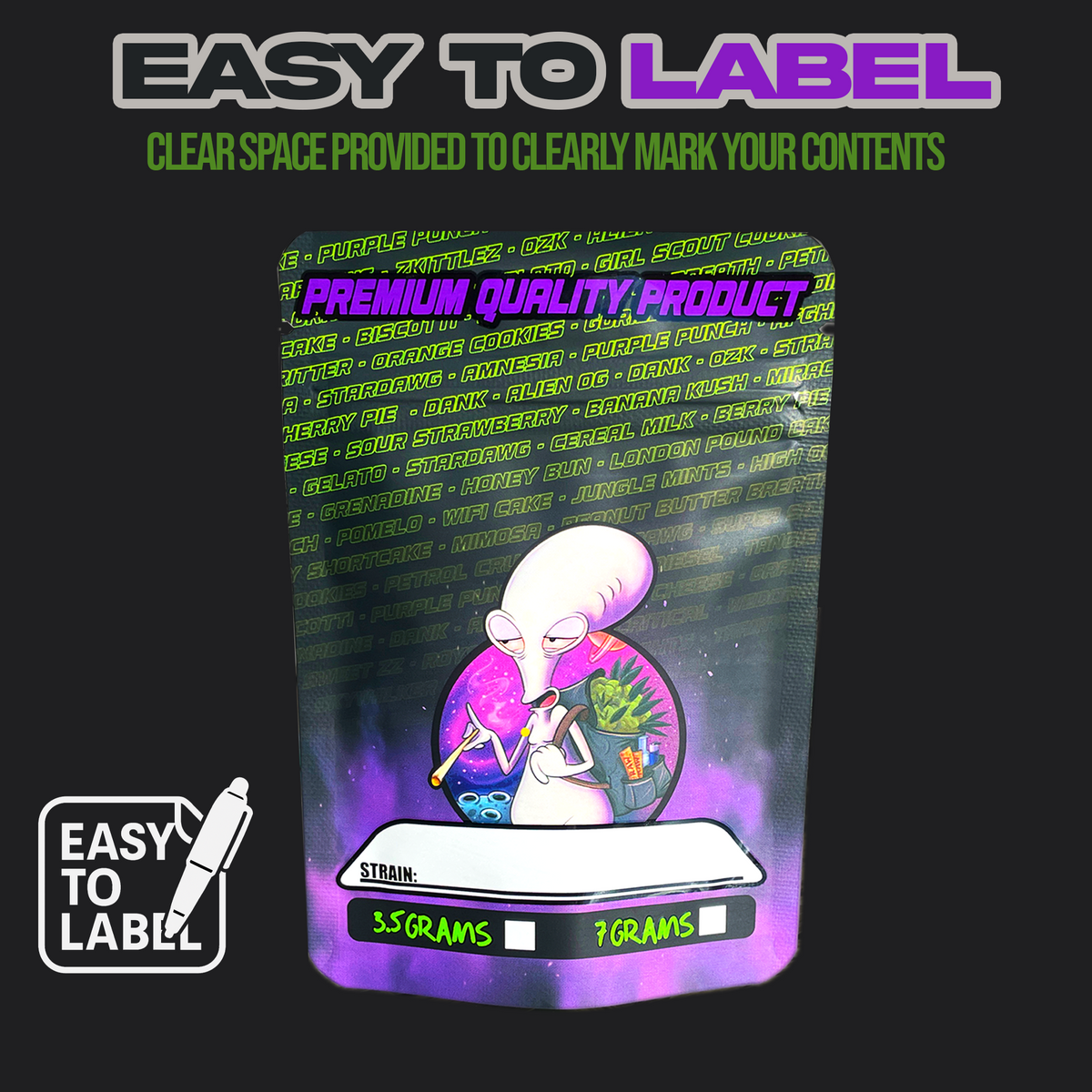 Premium 3.5g printed Mylar bags featuring colourful design, high quality direct printing, resealable packaging and full colour front and back artwork.