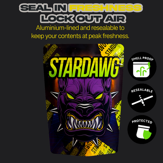 Stardawg packaging with a stylized dog illustration and product features on a dark background.