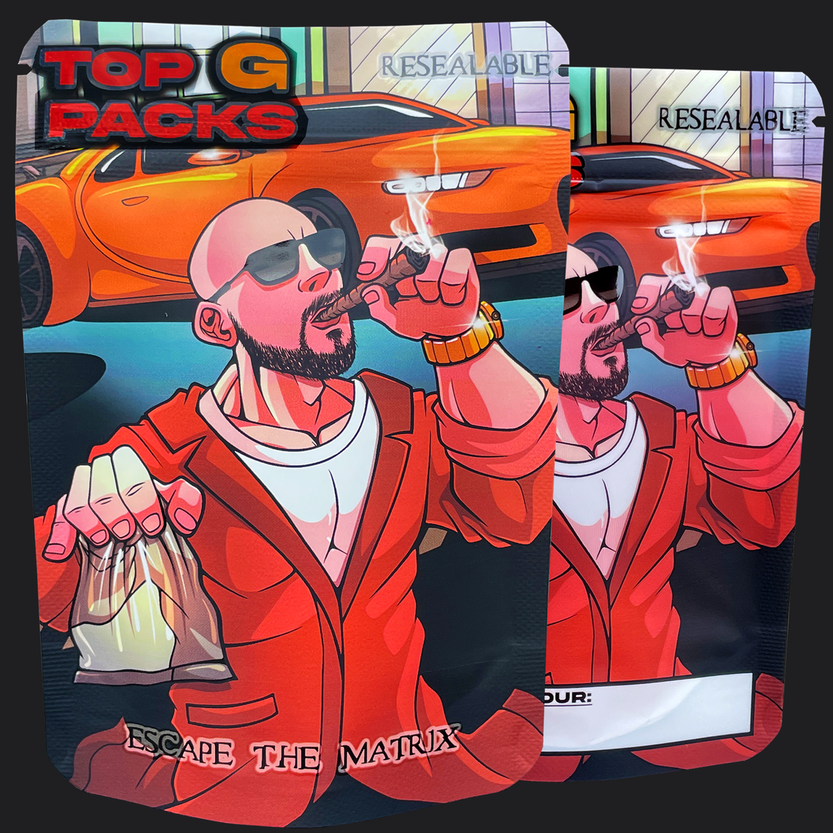 Illustration of a character in a red suit with sunglasses and smoking, with a car in the background.